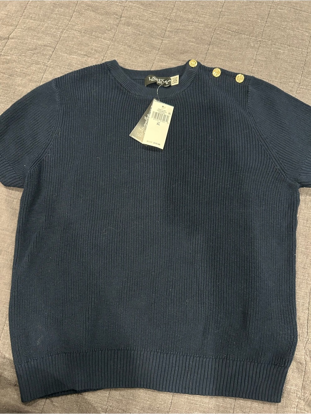 Lauren Ralph Lauren Navy Crewneck Short-Sleeve Sweater with Gold Buttons